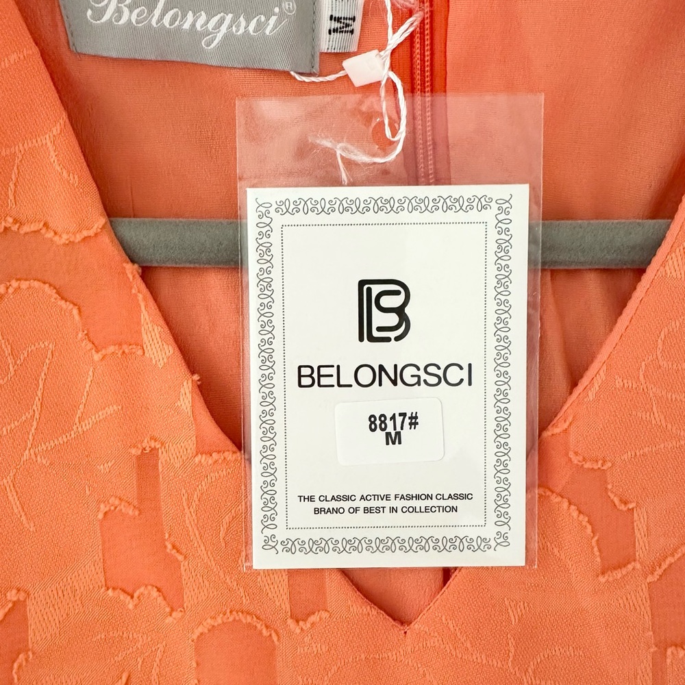 🌴 🆕  BELONGSCI Shift Design Dress V-Neck 3/4 Bell Sleeve. Orange. Size M.  NWT. - Picture 5 of 10